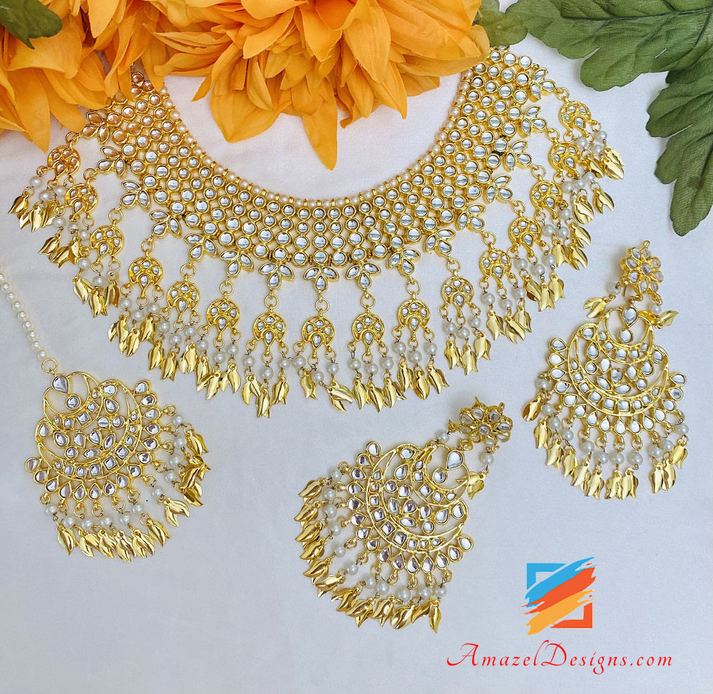 Kundan Golden Pipal Patti Necklace Earrings Tikka Set