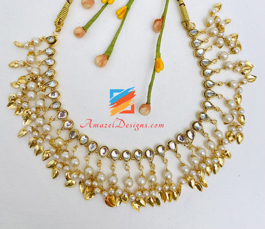 Kundan Golden Pippal Patiyaan Single Line Necklace