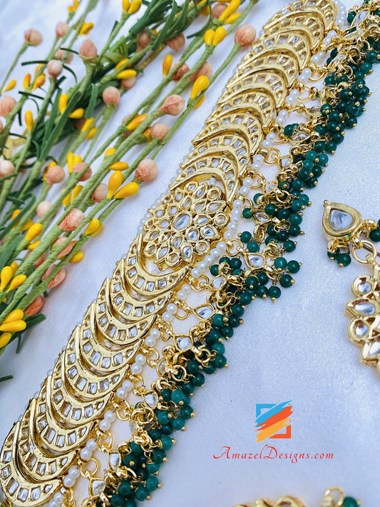 Kundan verde smeraldo collana girocollo orecchini set Tikka 