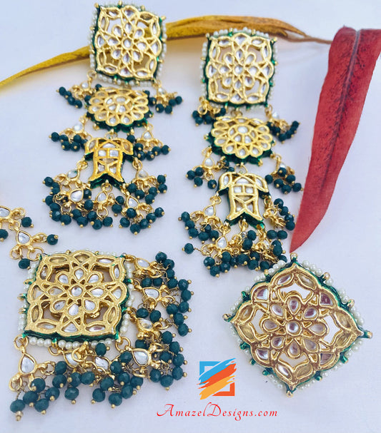 Kundan Green Lightweight Long Earrings Tikka and Ring set