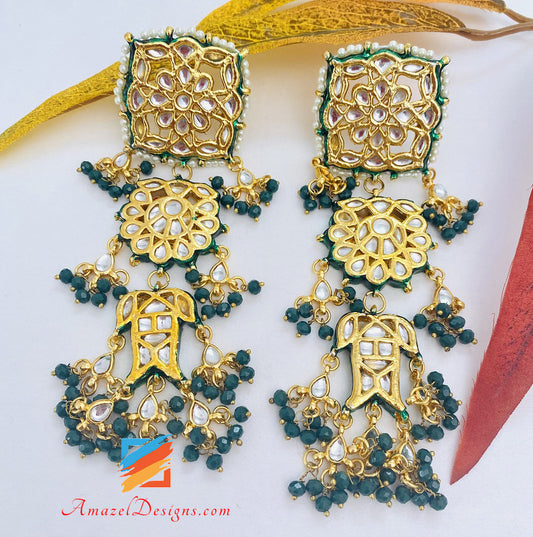 Kundan Green Lightweight Long Earrings Tikka and Ring set