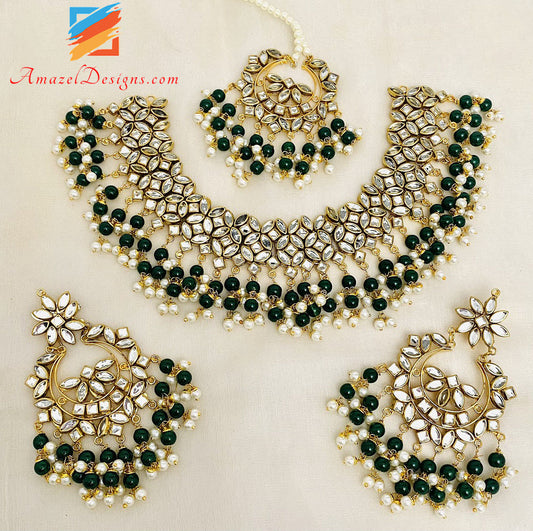 Kundan Green Necklace Lightweight Earrings Tikka Set