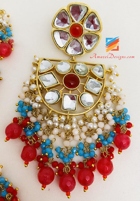 Kundan Hot Pink Kundan Earrings Tikka Set