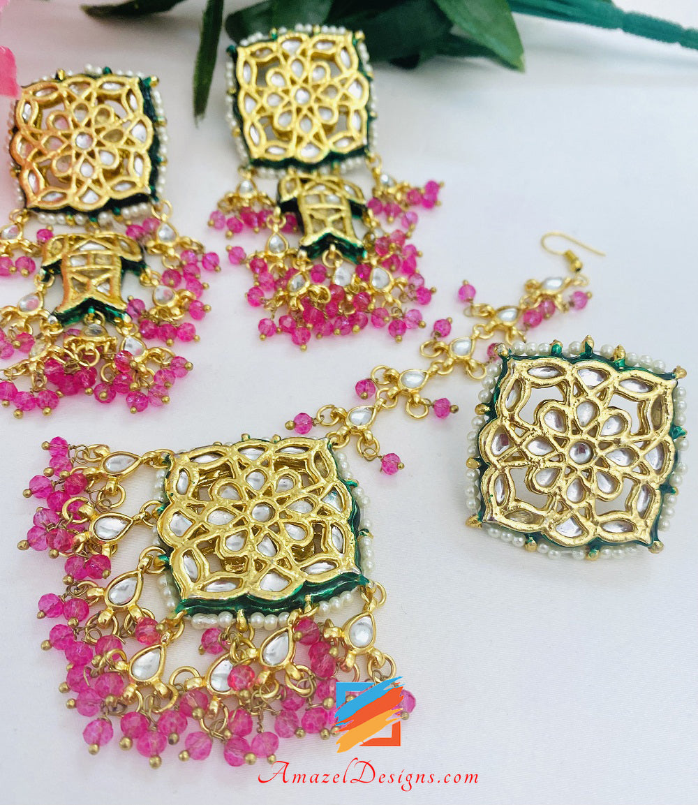 Kundan Lightweight Pink Earrings Tikka Ring Set