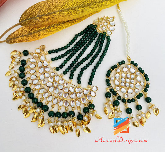 Kundan Lightweight Pippal Patti Emerald Green Jhumka Earrings Tikka Jhumar Set