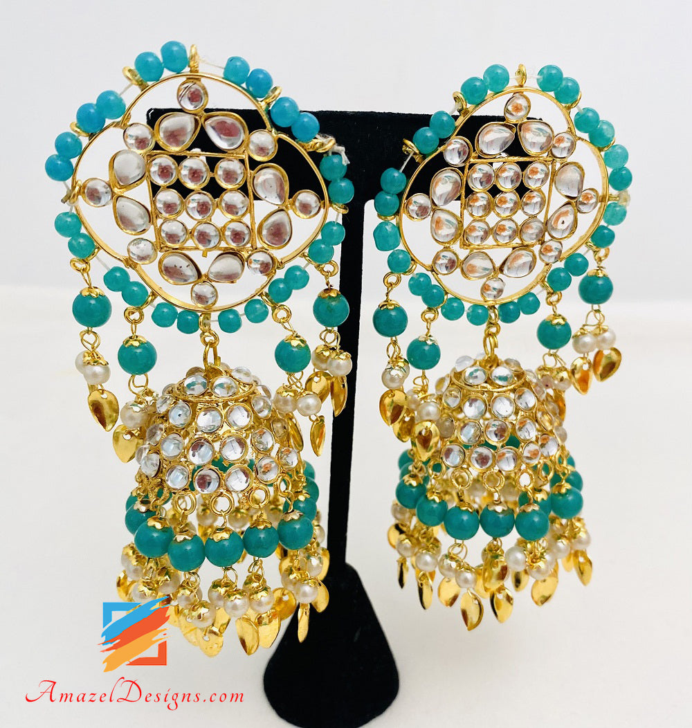 Kundan Lightweight Pippal Patti Turquoise Jhumka Earrings Tikka Passa Set