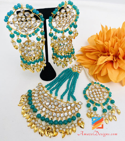 Kundan Lightweight Pippal Patti Turquoise Jhumka Earrings Tikka Passa Set