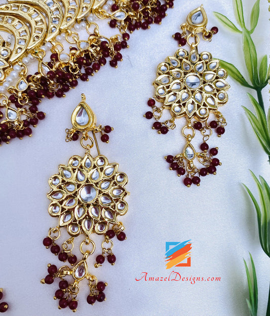 Kundan Maroon Ruby Collana Girocollo Orecchini Tikka Set 