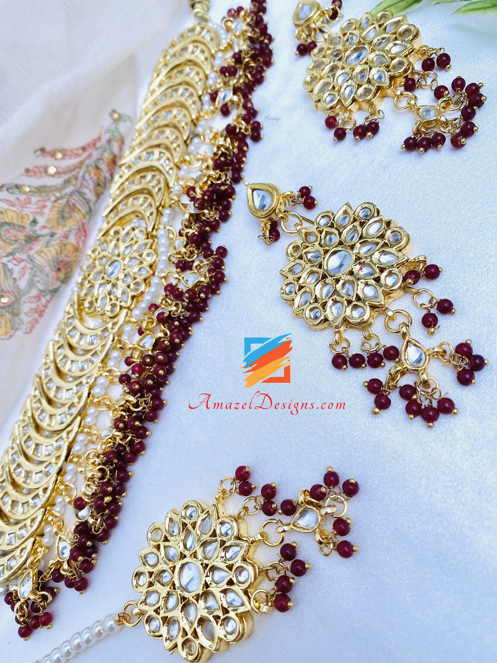 Kundan Maroon Ruby Choker Necklace Earrings Tikka Set