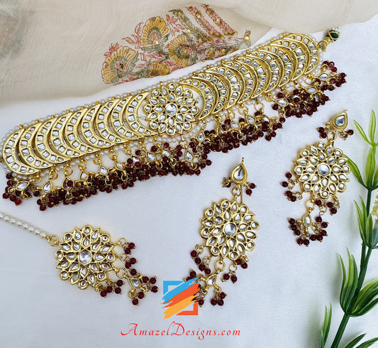 Kundan Maroon Ruby Collana Girocollo Orecchini Tikka Set 