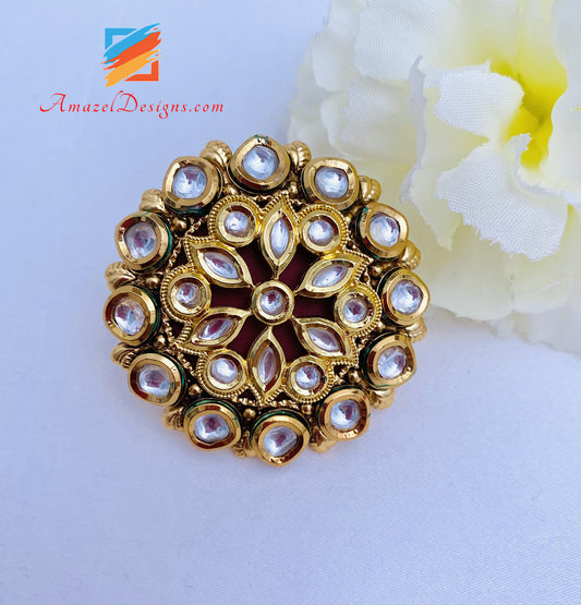Kundan Maroon Ruby Touch Large Adjustable Ring