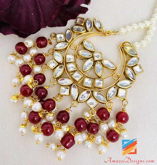 Kundan Mehroon Necklace Lightweight Earrings Tikka Set