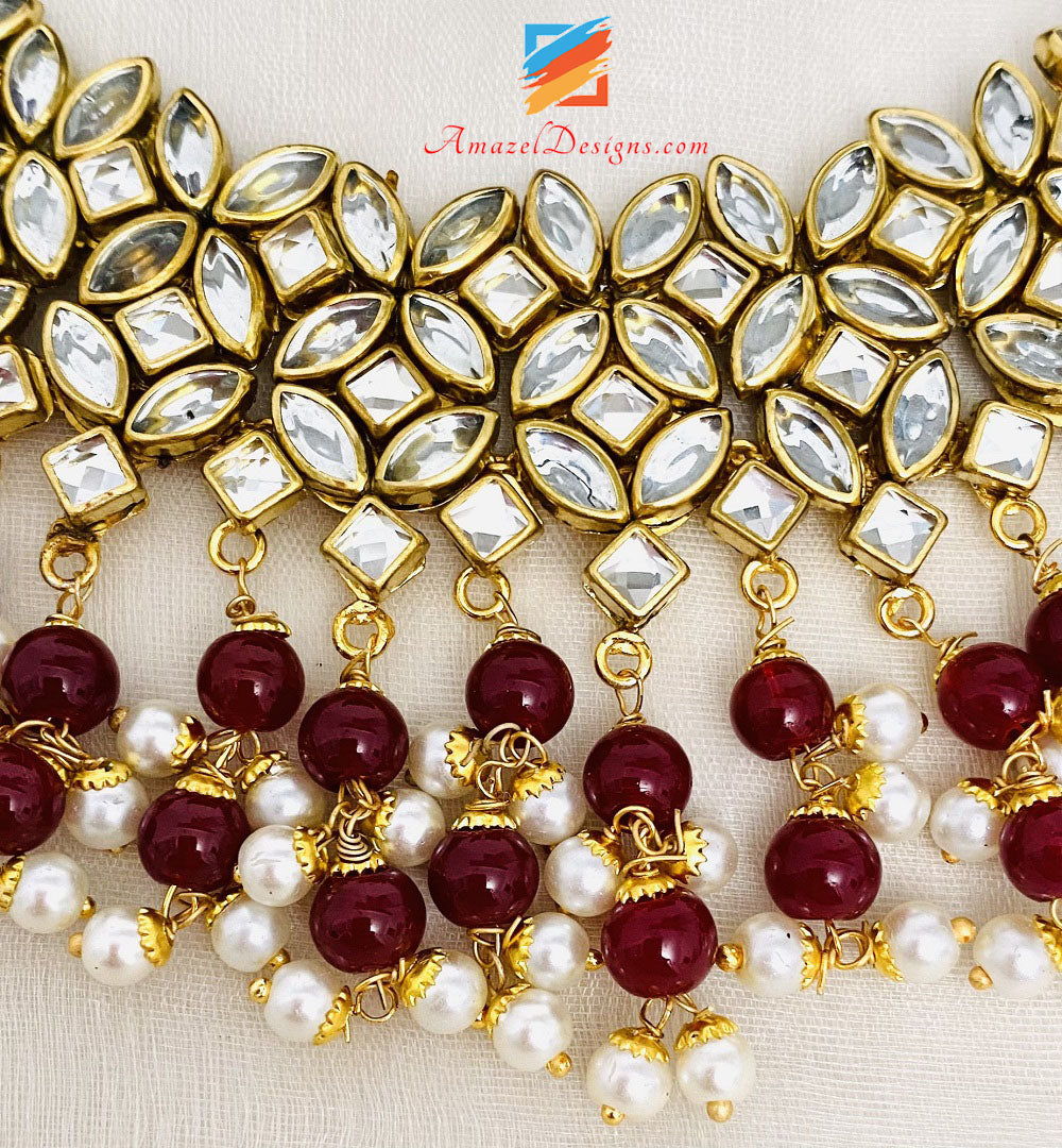 Kundan Mehroon Necklace Lightweight Earrings Tikka Set
