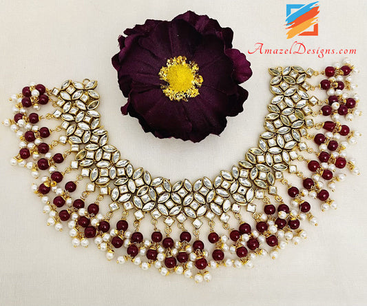 Kundan Mehroon Necklace Lightweight Earrings Tikka Set