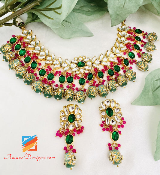 Kundan Mint Tumble Beads Collana girocollo Set Tikka 