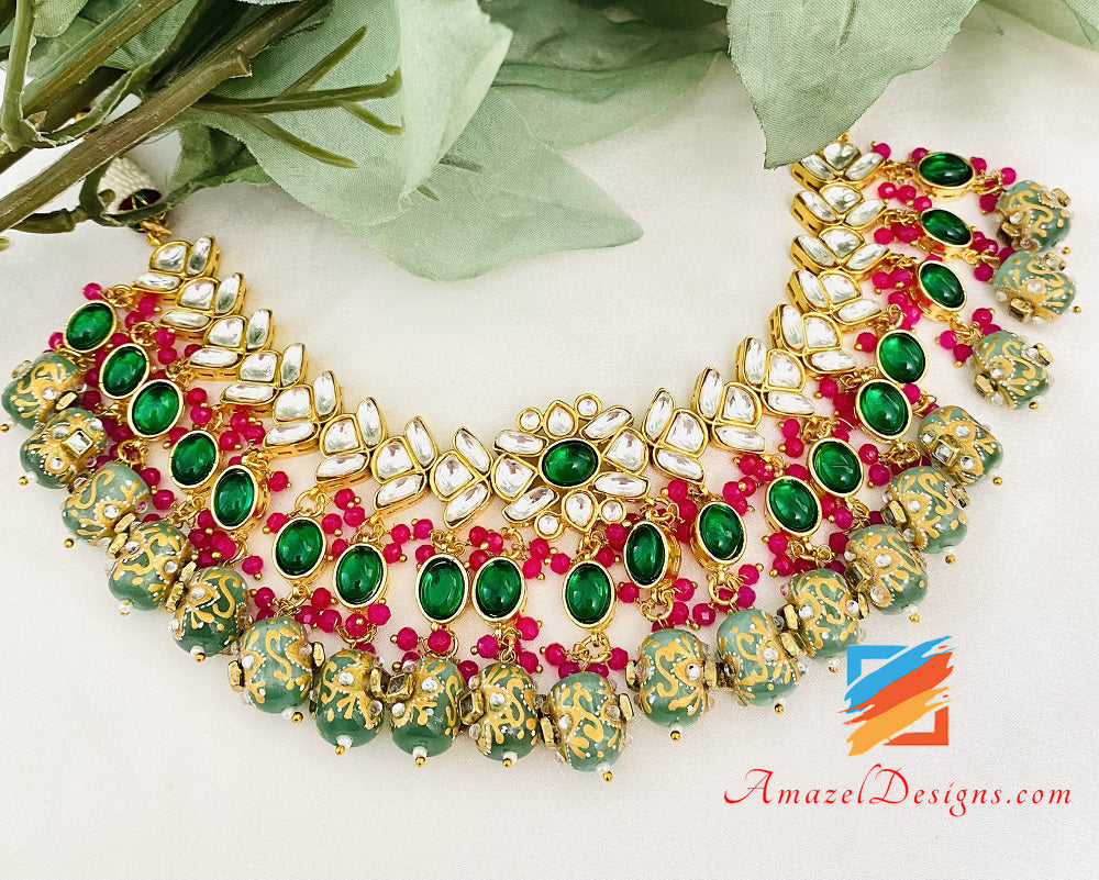 Kundan Mint Tumble Beads Choker Necklace Tikka Set