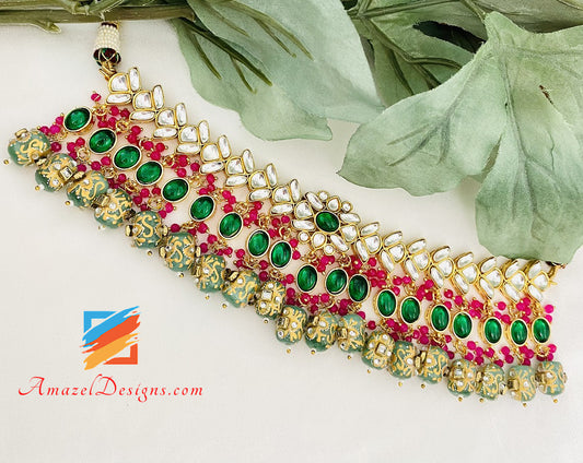 Kundan Mint Tumble Beads Collana girocollo Set Tikka 