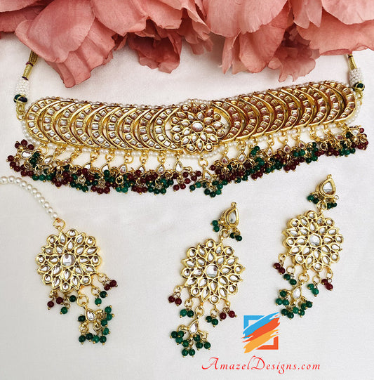 Kundan Mix Green Emerald Maroon Ruby Choker Necklace Earrings Tikka Set