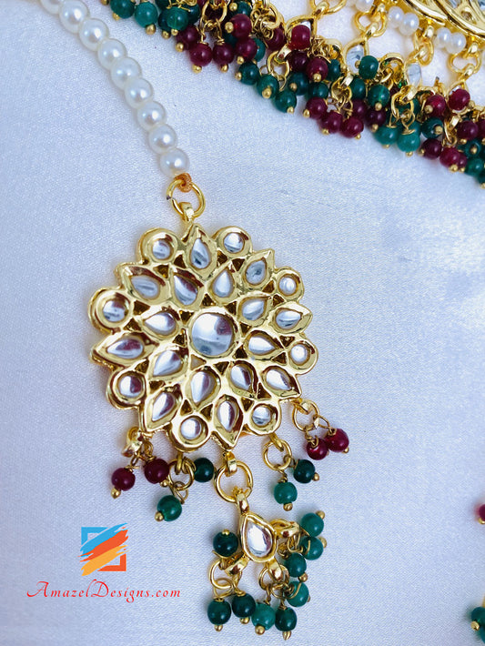 Kundan Mix Green Emerald Maroon Ruby Choker Necklace Earrings Tikka Set