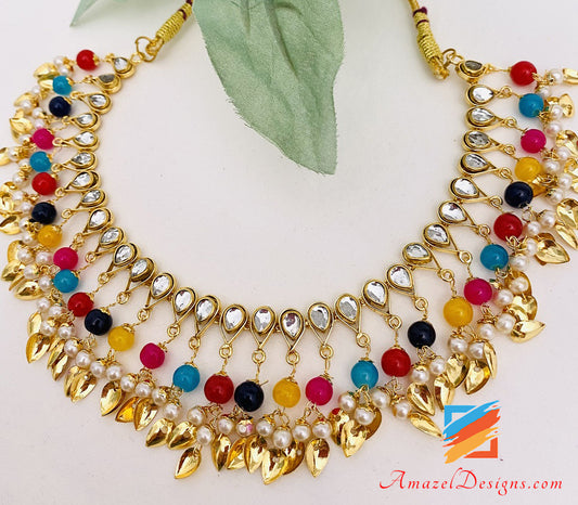 Kundan Multicoloured Pippal Patiyaan Single Line Necklace