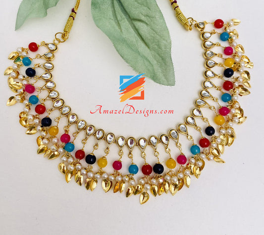 Kundan Multicoloured Pippal Patiyaan Single Line Necklace