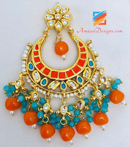 Kundan Orange Earrings and Oversized Tikka Set