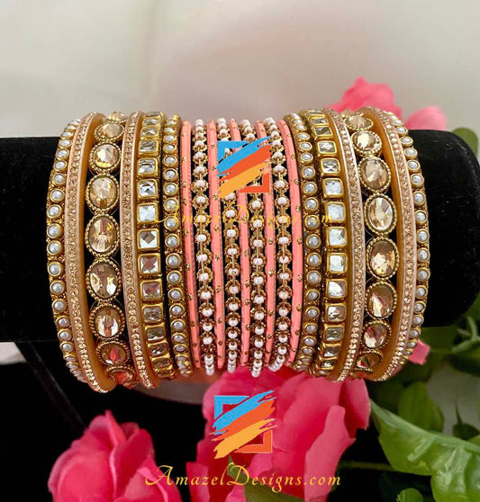 Set di braccialetti Kundan color pesca 