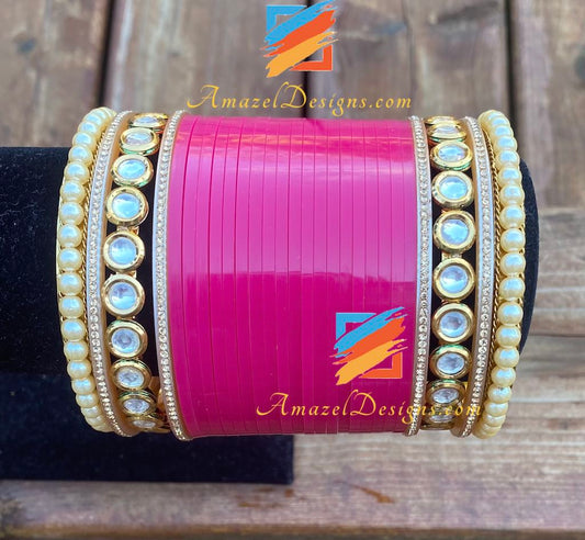 Kundan Pearl Bangle Mangenta Choora