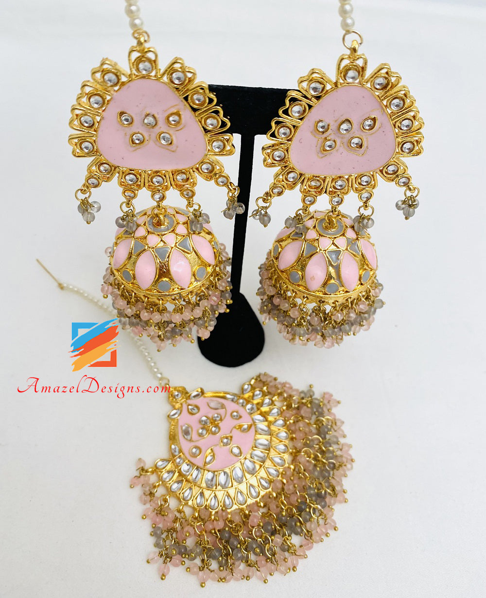 Kundan Pink Jhumka Earrings Tikka Set