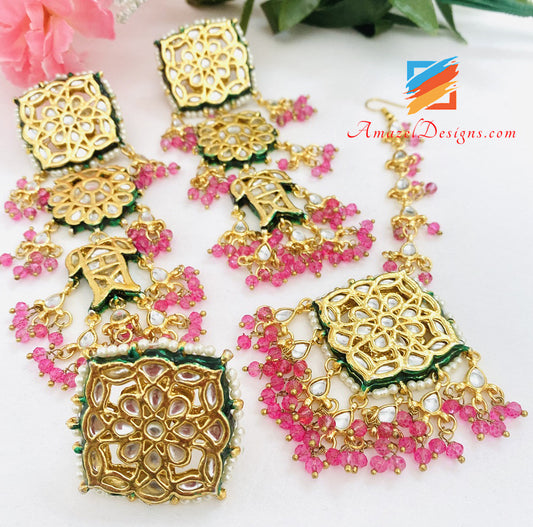 Kundan Pink Lightweight Earrings Tikka and Ring Set