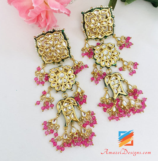 Kundan Pink Leichte Ohrringe Tikka und Ring Set 