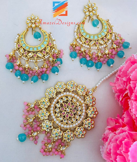 Kundan Pink and Feeroza Oversized Tikka Set