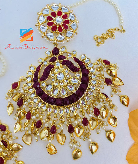 Kundan Pippal Patti Mehroon Red Oversized Earrings Tikka Set