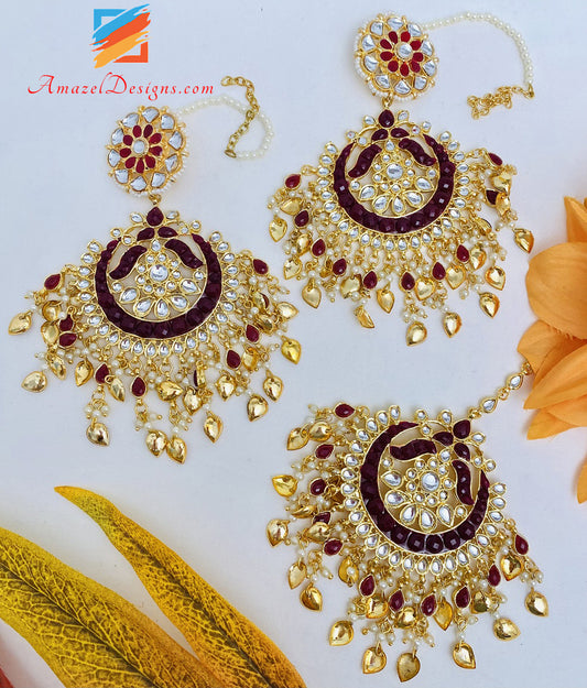 Kundan Pippal Patti Mehroon Red Oversized Earrings Tikka Set