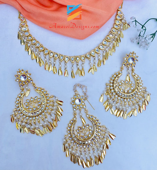 Kundan Pippal Patti Necklace with Oversized Earrings Tikka Sets