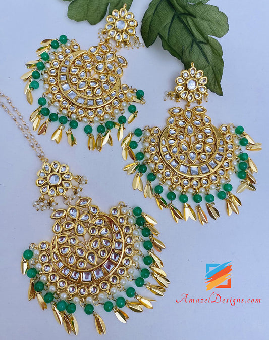 Kundan Pippal Patti Oversized Green Beads Tikka Set