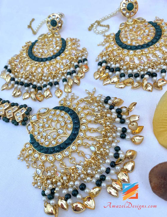 Green Kundan Pippal Patti Oversized Tikka And Earrings Set