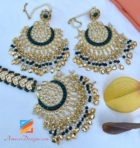 Green Kundan Pippal Patti Oversized Tikka And Earrings Set