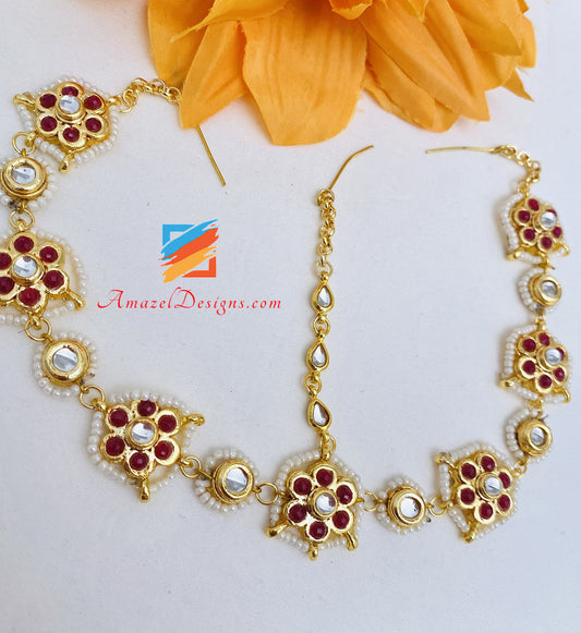 Kundan Ruby Maroon Head Band Sheesh Phool