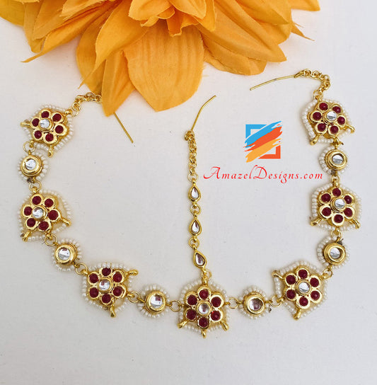 Kundan Ruby Maroon Head Band Sheesh Phool