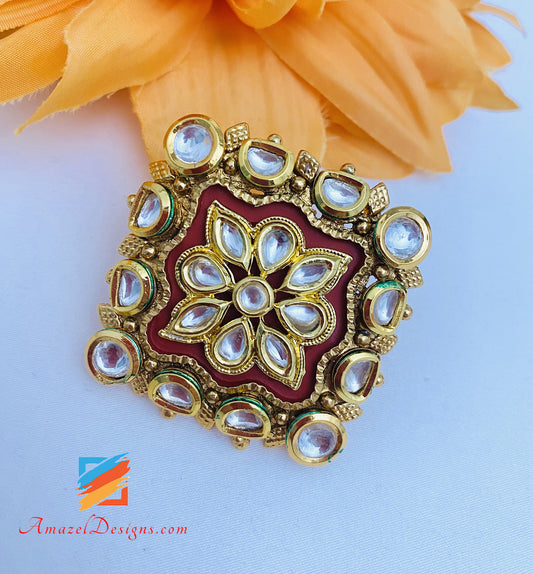 Kundan Ruby Maroon Large Adjustable Ring