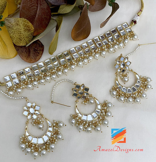 Kundan Sheesha Choker Halskette Ohrringe Tikka Set