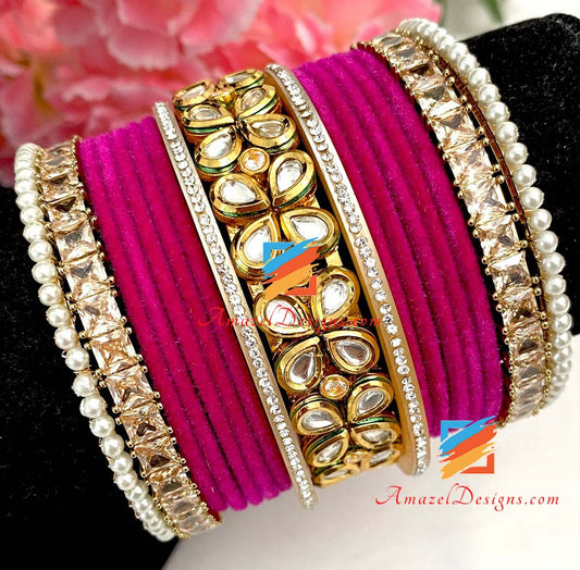 Rosa caldo (magenta) Kundan Kada set di braccialetti da sposa/non da sposa 