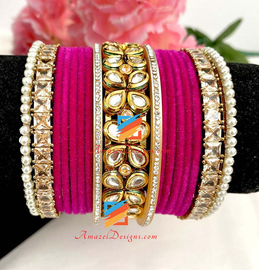 Rosa caldo (magenta) Kundan Kada set di braccialetti da sposa/non da sposa 