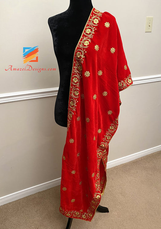 Ladies/Men Red Golden Tilla Kundan Less Width Velvet Stole Shawl