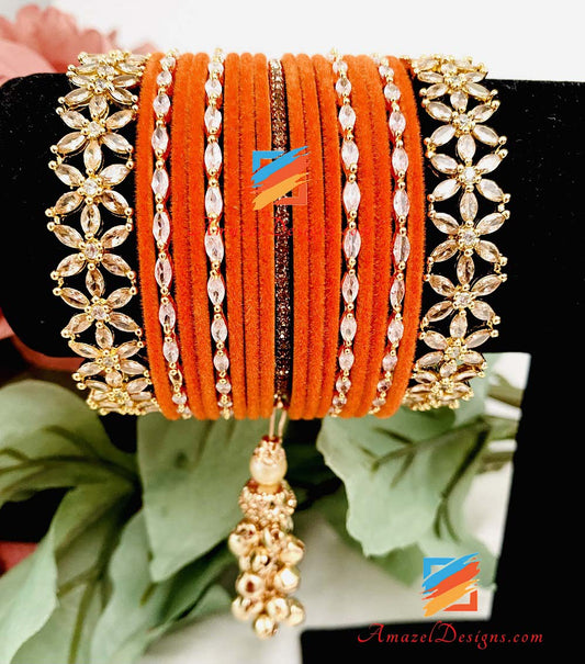 Orange Latkan American Diamond (AD) Bangle Set