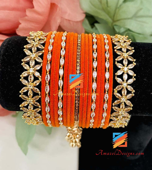 Orange Latkan American Diamond (AD) Bangle Set