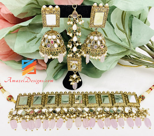 Lavendel (Lila) Sheesha Choker Jhumki Ohrringe Set 