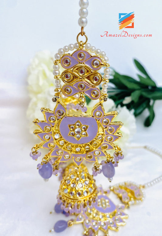Lavender Light Purple Mauve Kundan Chandbali Jhumki Earrings Tikka Set