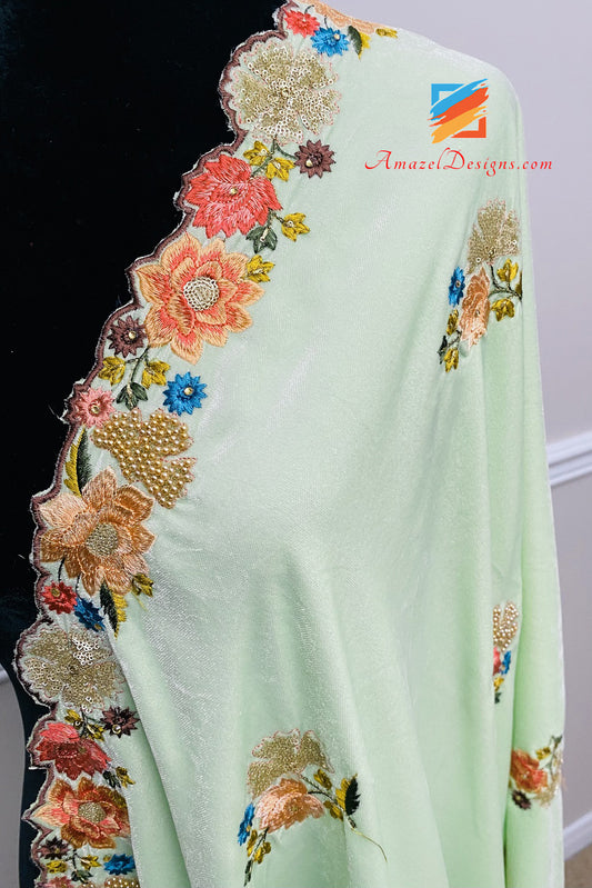 Light Parrot Green Mint Cutwork Thread Beads Kundan Sitara Velvet Shawl